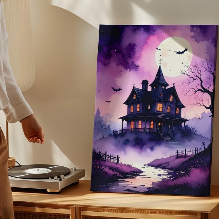 Purple Fog Haunted Mansion Canvas – Fairy Tale Ghost Story Wall Art - Gifitto