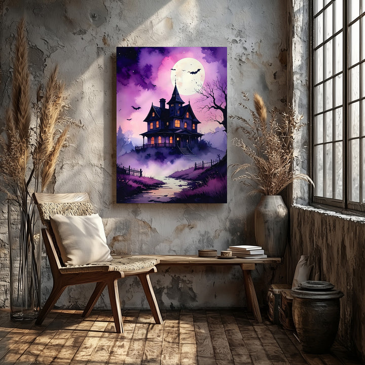 Purple Fog Haunted Mansion Canvas – Fairy Tale Ghost Story Wall Art - Gifitto