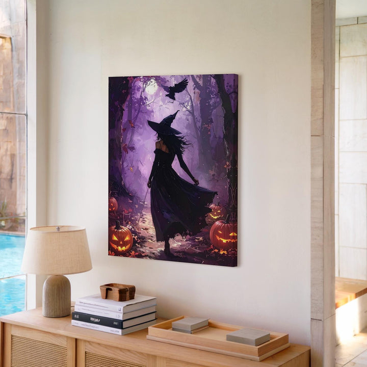 Witch in Shadowed Forest Canvas – Arcane Halloween Ritual Wall Art - Gifitto