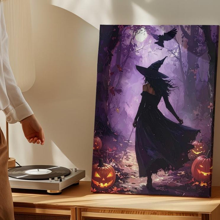 Witch in Shadowed Forest Canvas – Arcane Halloween Ritual Wall Art - Gifitto