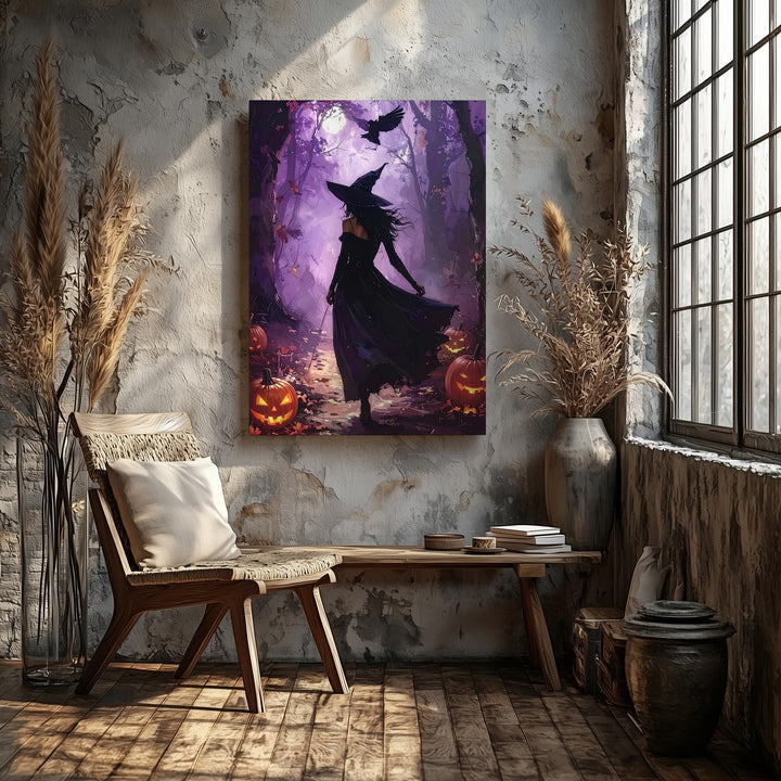Witch in Shadowed Forest Canvas – Arcane Halloween Ritual Wall Art - Gifitto