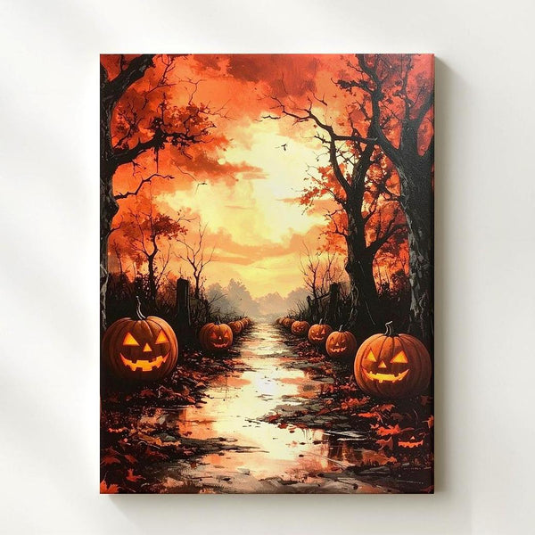 Twilight Pumpkin Pathway Canvas – Magical Halloween Landscape with Autumn Glow - Gifitto