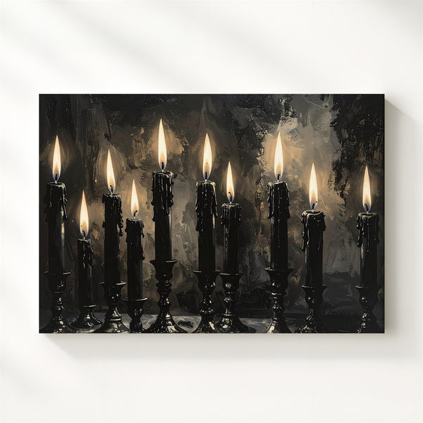 Nine Flames Ritual Canvas – Gothic Black Candle Wall Art with Reflective Shadows - Gifitto