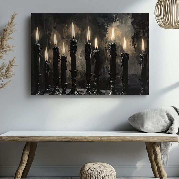 Nine Flames Ritual Canvas – Gothic Black Candle Wall Art with Reflective Shadows - Gifitto