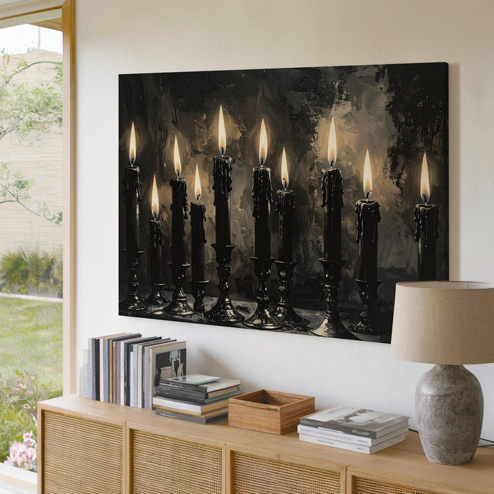 Nine Flames Ritual Canvas – Gothic Black Candle Wall Art with Reflective Shadows - Gifitto