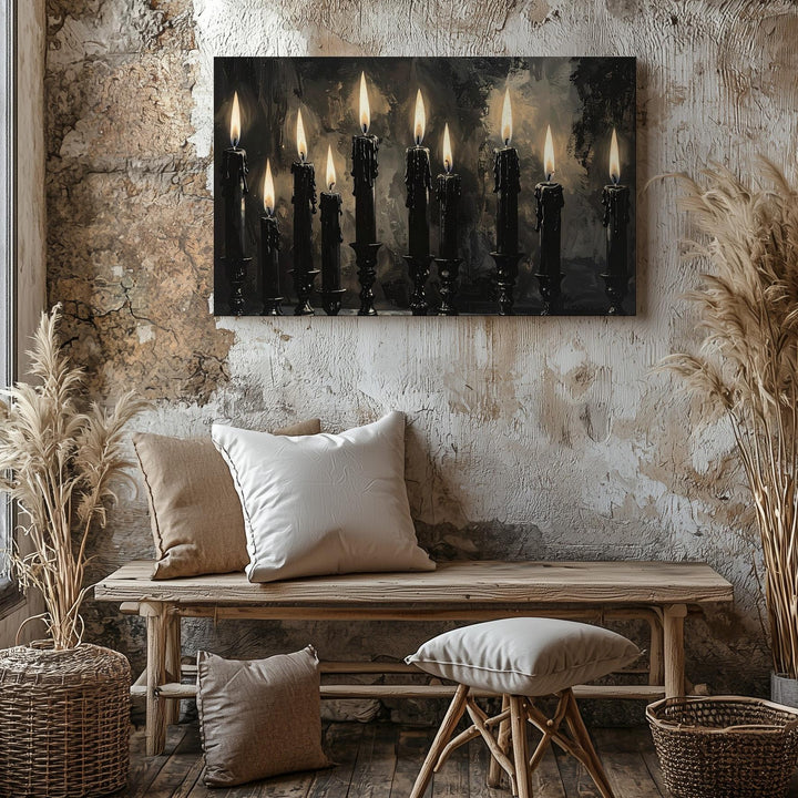 Nine Flames Ritual Canvas – Gothic Black Candle Wall Art with Reflective Shadows - Gifitto