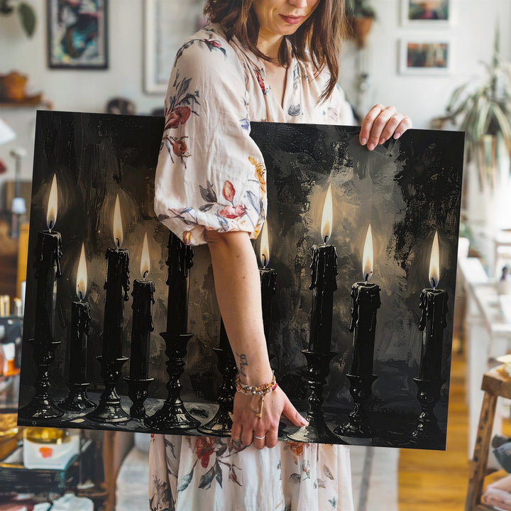 Nine Flames Ritual Canvas – Gothic Black Candle Wall Art with Reflective Shadows - Gifitto