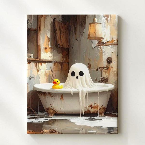 Moody Ghost in Rustic Tub Canvas – Whimsical Haunted Bathroom Art - Gifitto