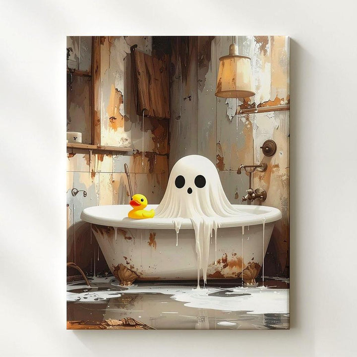 Moody Ghost in Rustic Tub Canvas – Whimsical Haunted Bathroom Art - Gifitto