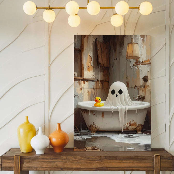 Moody Ghost in Rustic Tub Canvas – Whimsical Haunted Bathroom Art - Gifitto