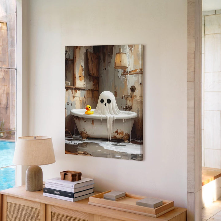 Moody Ghost in Rustic Tub Canvas – Whimsical Haunted Bathroom Art - Gifitto