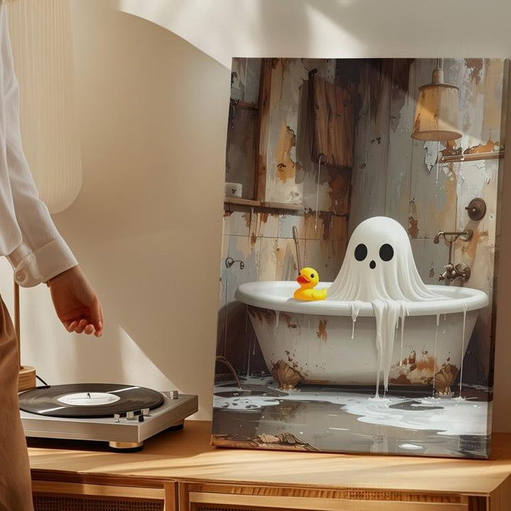 Moody Ghost in Rustic Tub Canvas – Whimsical Haunted Bathroom Art - Gifitto