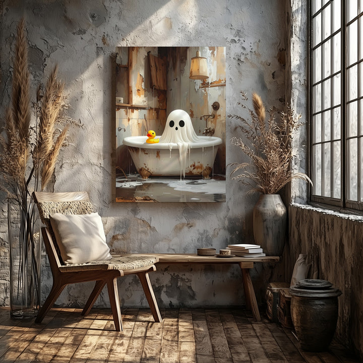 Moody Ghost in Rustic Tub Canvas – Whimsical Haunted Bathroom Art - Gifitto