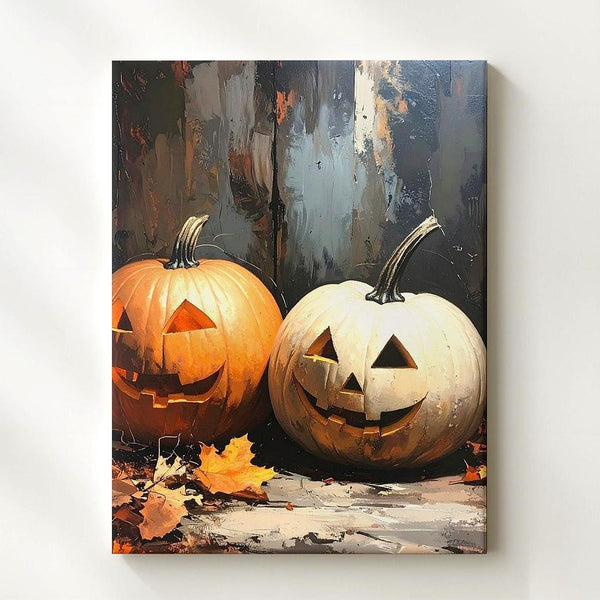 Rustic Jack-O'-Lantern & White Pumpkin Canvas – Moody Halloween Wall Art - Gifitto