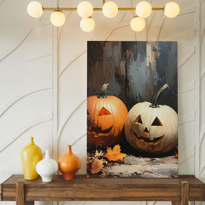 Rustic Jack-O'-Lantern & White Pumpkin Canvas – Moody Halloween Wall Art - Gifitto