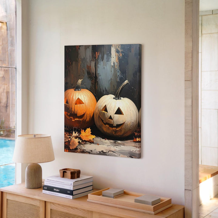 Rustic Jack-O'-Lantern & White Pumpkin Canvas – Moody Halloween Wall Art - Gifitto