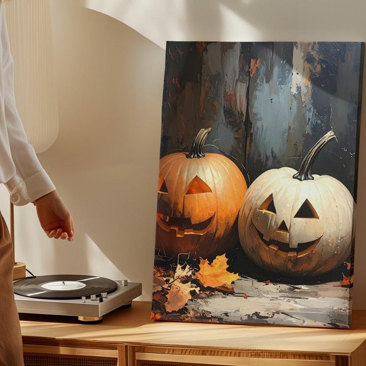 Rustic Jack-O'-Lantern & White Pumpkin Canvas – Moody Halloween Wall Art - Gifitto