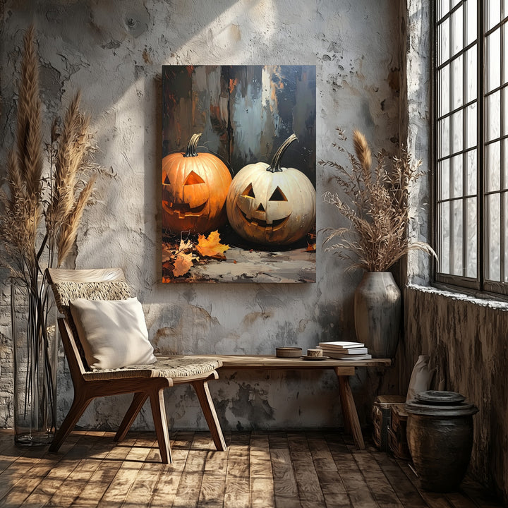Rustic Jack-O'-Lantern & White Pumpkin Canvas – Moody Halloween Wall Art - Gifitto