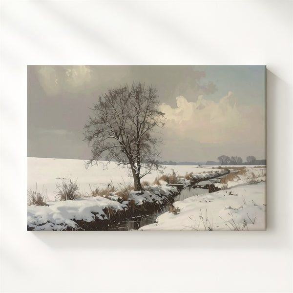 Minimalist Snowy Landscape Canvas – Leafless Tree by Stream Art - Gifitto