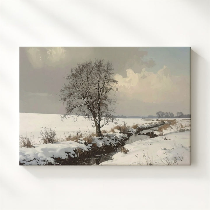 Minimalist Snowy Landscape Canvas – Leafless Tree by Stream Art - Gifitto