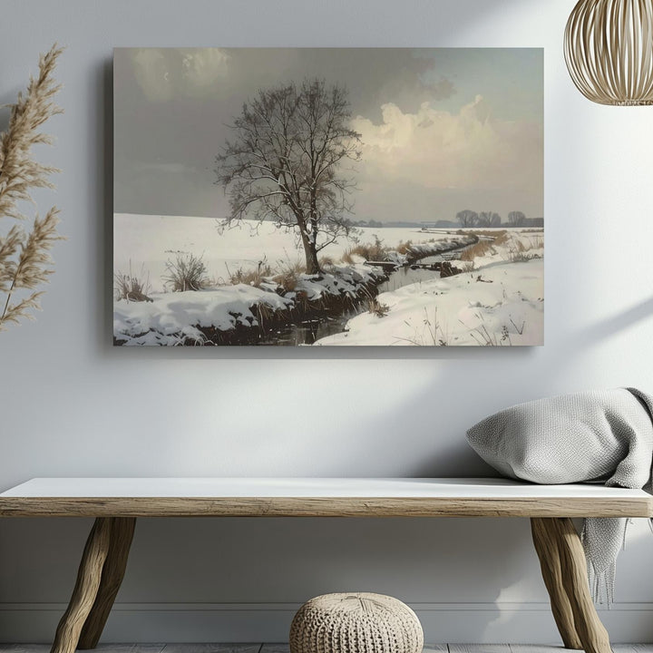 Minimalist Snowy Landscape Canvas – Leafless Tree by Stream Art - Gifitto