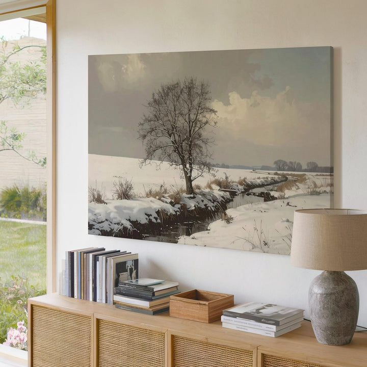 Minimalist Snowy Landscape Canvas – Leafless Tree by Stream Art - Gifitto