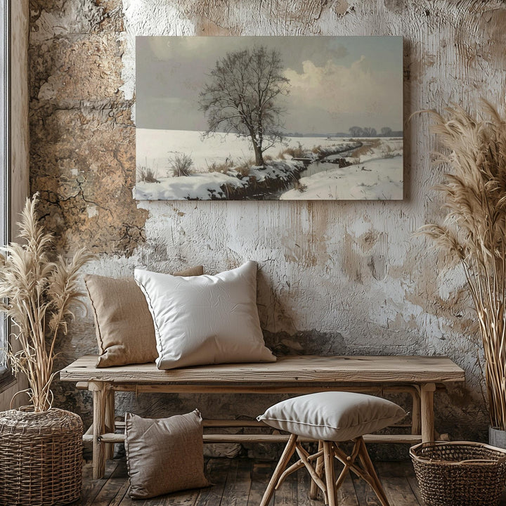 Minimalist Snowy Landscape Canvas – Leafless Tree by Stream Art - Gifitto