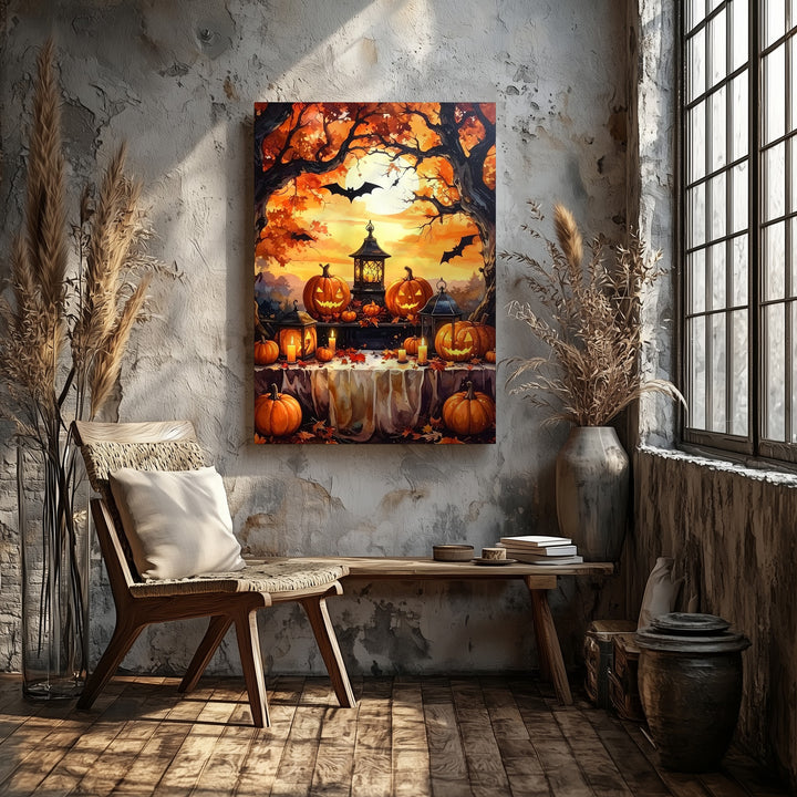Ornate Halloween Still Life Canvas – Jack-O'-Lanterns, Lanterns & Autumn Magic - Gifitto
