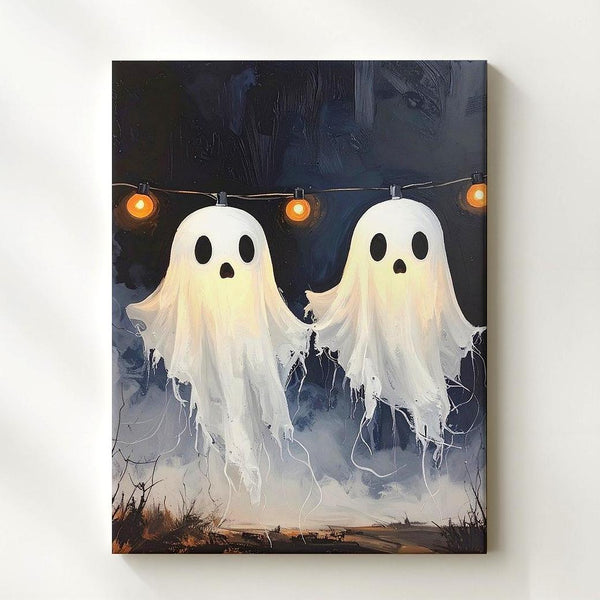 Floating Ghost Garland Canvas – Cozy Halloween Night Scene with String Lights - Gifitto