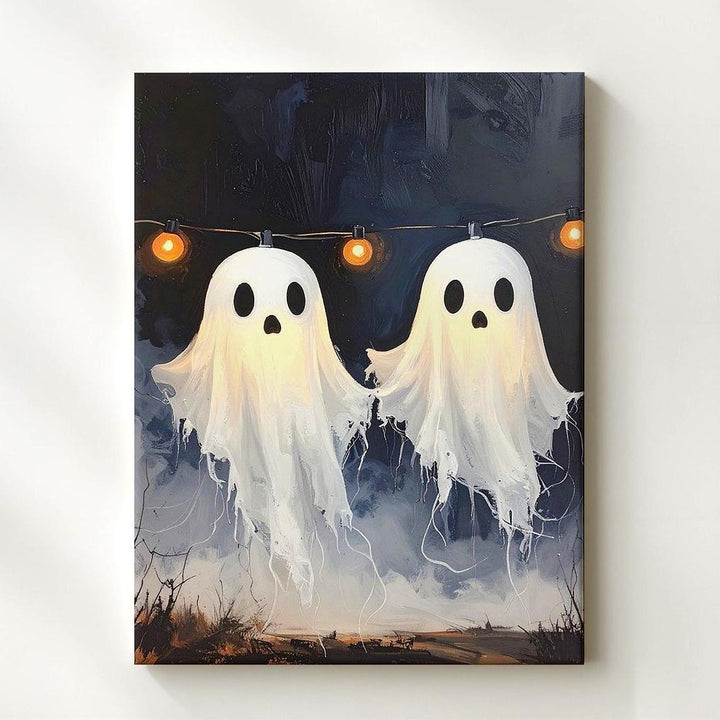 Floating Ghost Garland Canvas – Cozy Halloween Night Scene with String Lights - Gifitto
