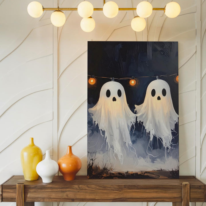 Floating Ghost Garland Canvas – Cozy Halloween Night Scene with String Lights - Gifitto