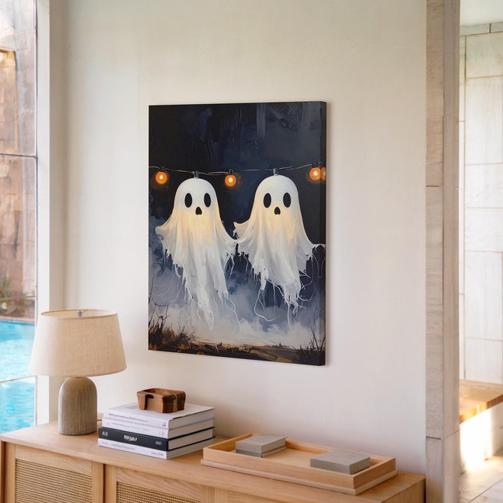 Floating Ghost Garland Canvas – Cozy Halloween Night Scene with String Lights - Gifitto
