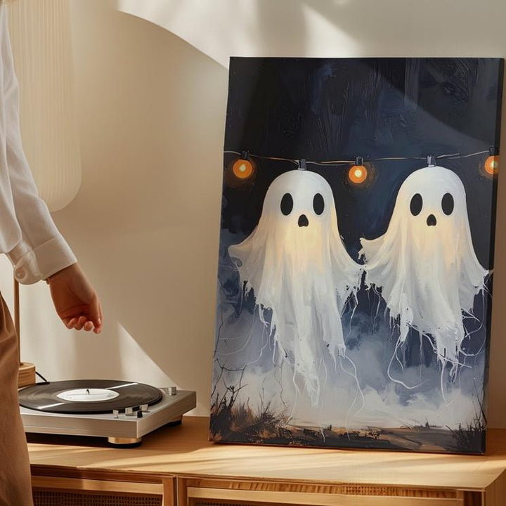 Floating Ghost Garland Canvas – Cozy Halloween Night Scene with String Lights - Gifitto