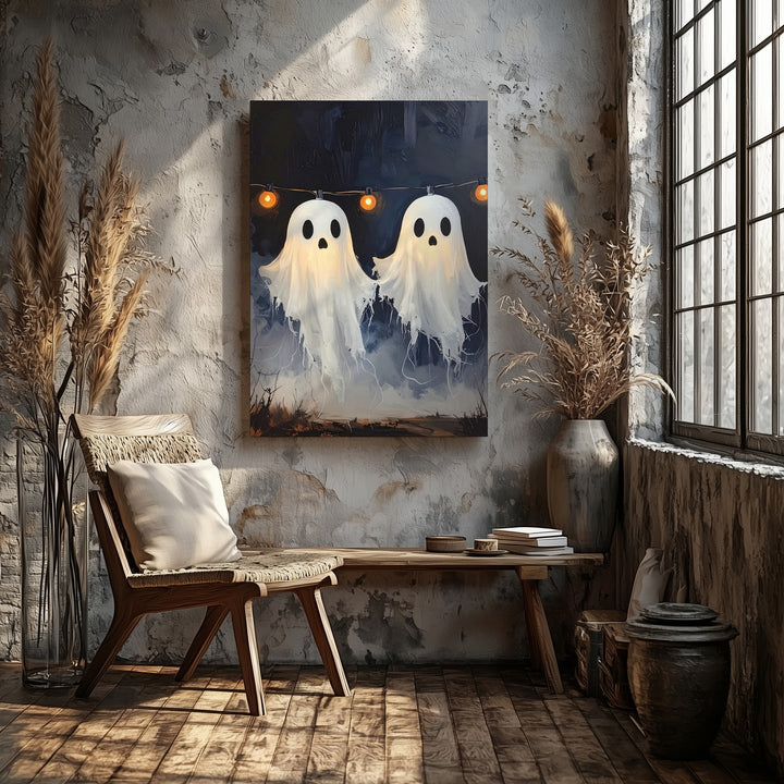 Floating Ghost Garland Canvas – Cozy Halloween Night Scene with String Lights - Gifitto