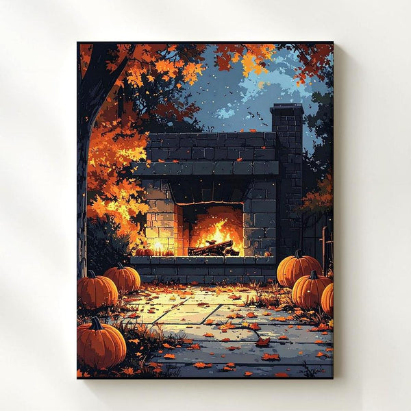 Glowing Fireplace & Pumpkin Canvas – Cozy Autumn Halloween Ambience Art - Gifitto