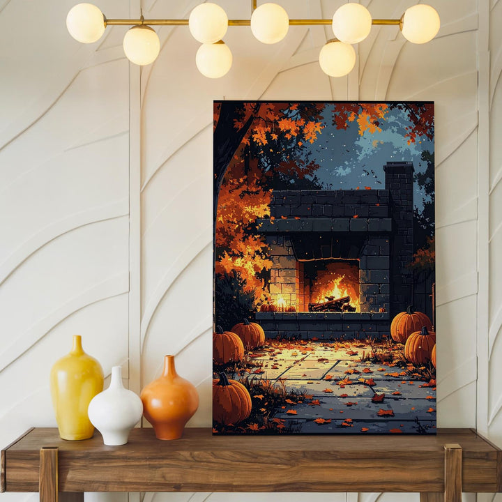 Glowing Fireplace & Pumpkin Canvas – Cozy Autumn Halloween Ambience Art - Gifitto