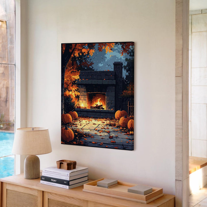 Glowing Fireplace & Pumpkin Canvas – Cozy Autumn Halloween Ambience Art - Gifitto