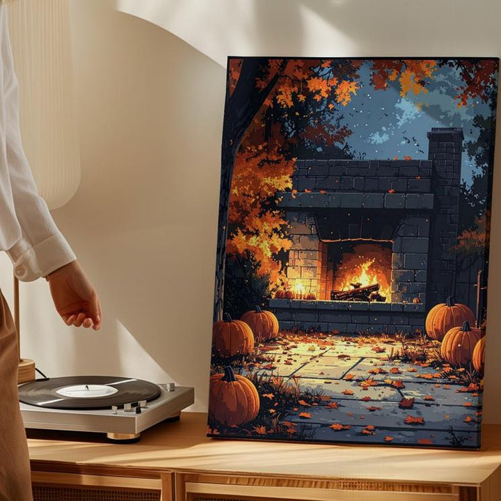 Glowing Fireplace & Pumpkin Canvas – Cozy Autumn Halloween Ambience Art - Gifitto