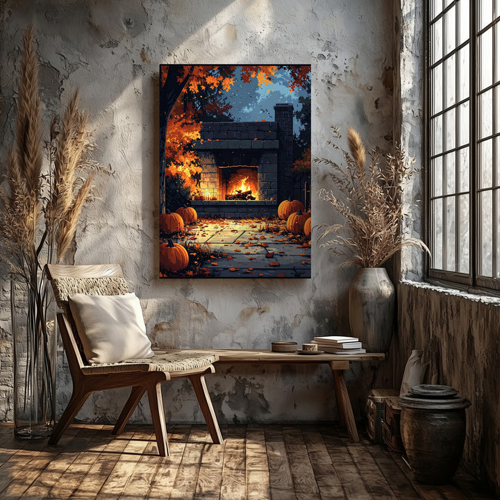 Glowing Fireplace & Pumpkin Canvas – Cozy Autumn Halloween Ambience Art - Gifitto