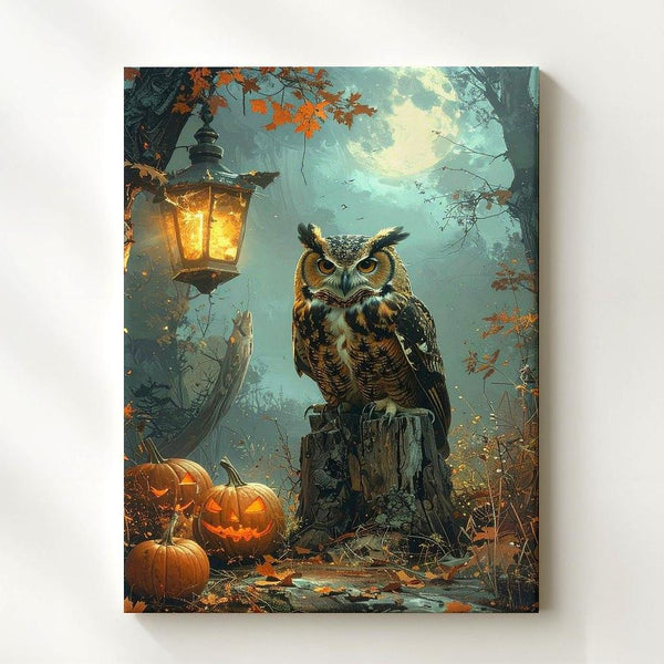 Moonlit Owl & Pumpkin Canvas – Moody Halloween Forest Wall Art - Gifitto