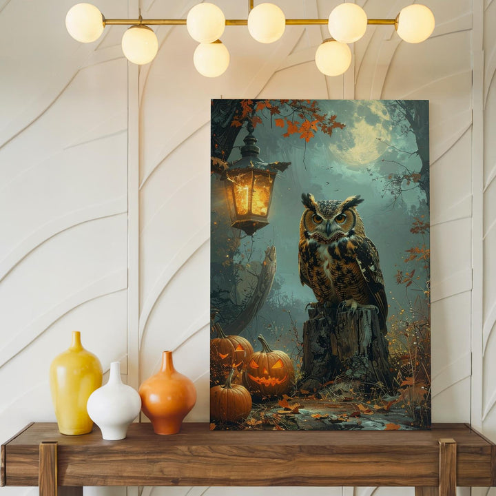 Moonlit Owl & Pumpkin Canvas – Moody Halloween Forest Wall Art - Gifitto