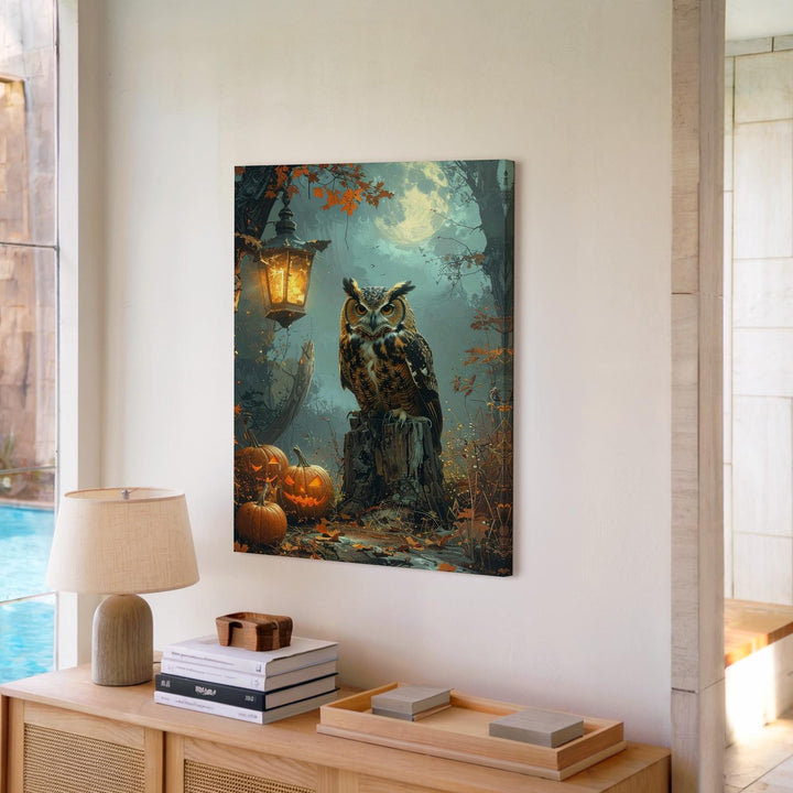 Moonlit Owl & Pumpkin Canvas – Moody Halloween Forest Wall Art - Gifitto