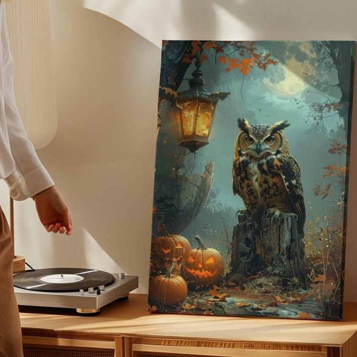 Moonlit Owl & Pumpkin Canvas – Moody Halloween Forest Wall Art - Gifitto