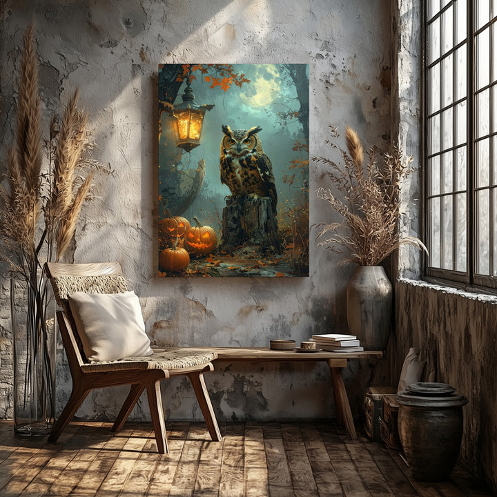 Moonlit Owl & Pumpkin Canvas – Moody Halloween Forest Wall Art - Gifitto