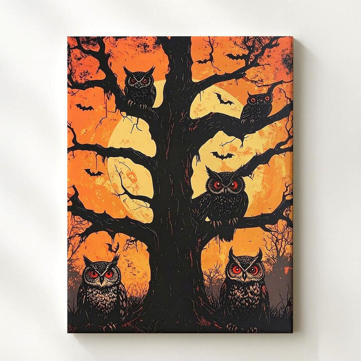 Red-Eyed Owl Sentinels Canvas – Horror-Ink Halloween Forest Art - Gifitto
