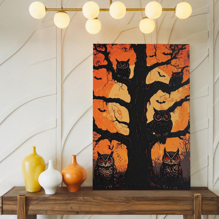 Red-Eyed Owl Sentinels Canvas – Horror-Ink Halloween Forest Art - Gifitto