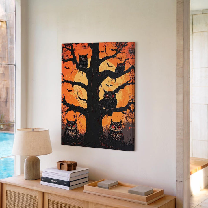 Red-Eyed Owl Sentinels Canvas – Horror-Ink Halloween Forest Art - Gifitto