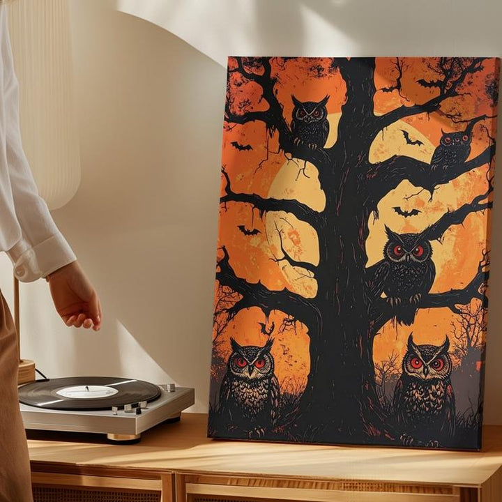 Red-Eyed Owl Sentinels Canvas – Horror-Ink Halloween Forest Art - Gifitto