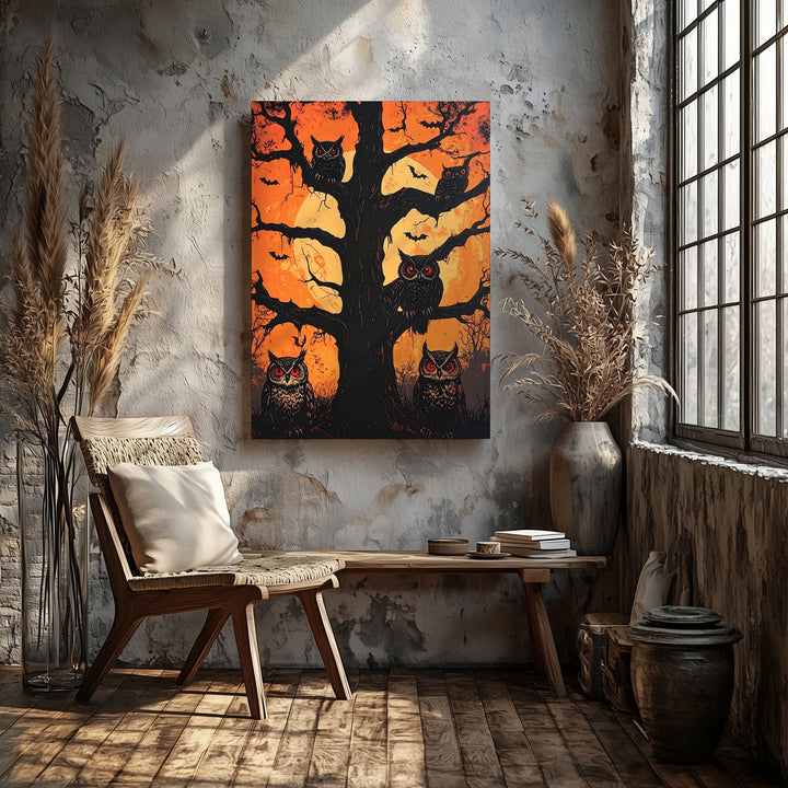 Red-Eyed Owl Sentinels Canvas – Horror-Ink Halloween Forest Art - Gifitto