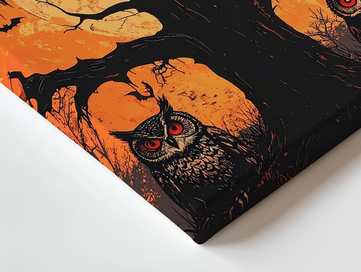 Red-Eyed Owl Sentinels Canvas – Horror-Ink Halloween Forest Art - Gifitto